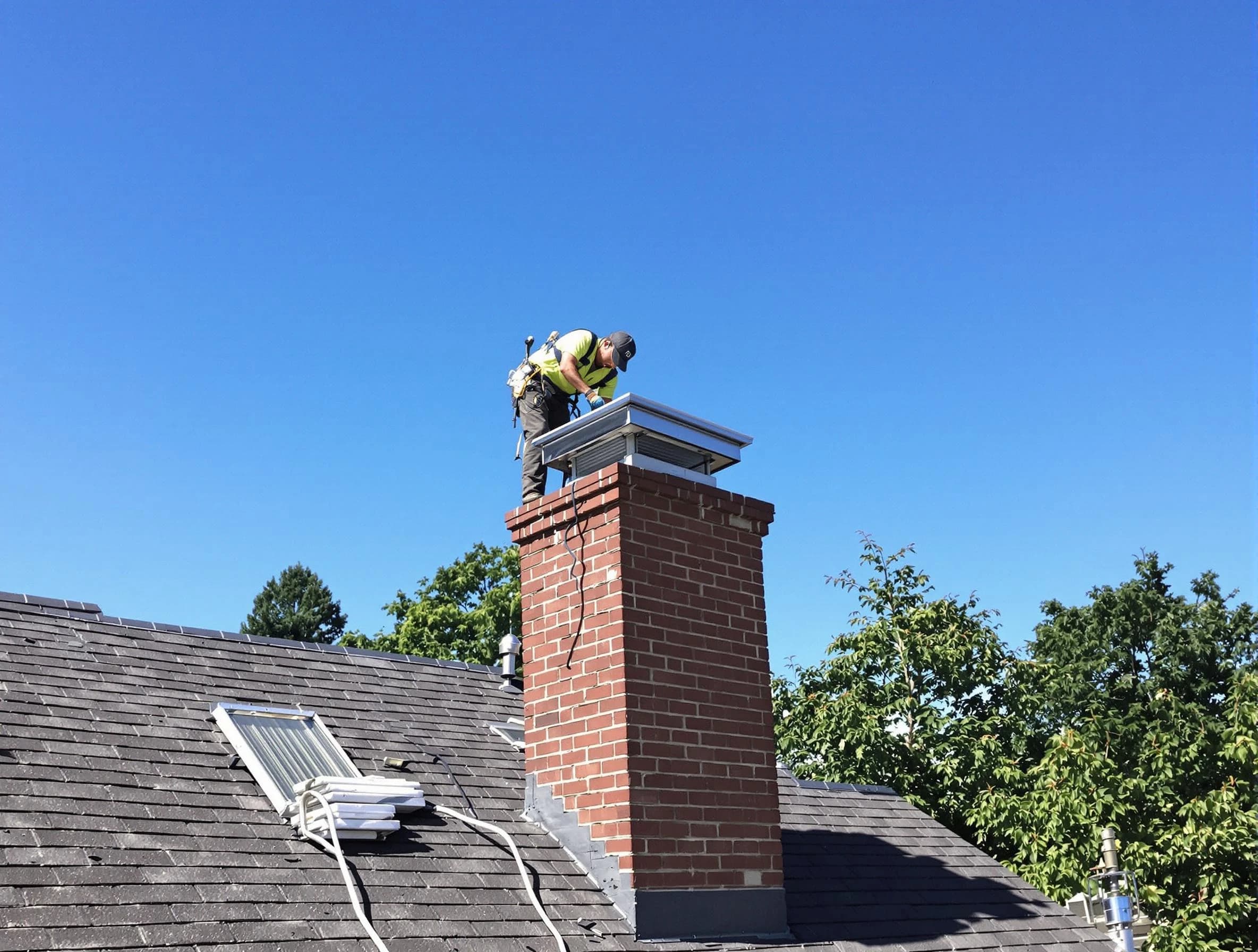 Monsey Chimney Sweep technician measuring a chimney cap in Monsey, NY